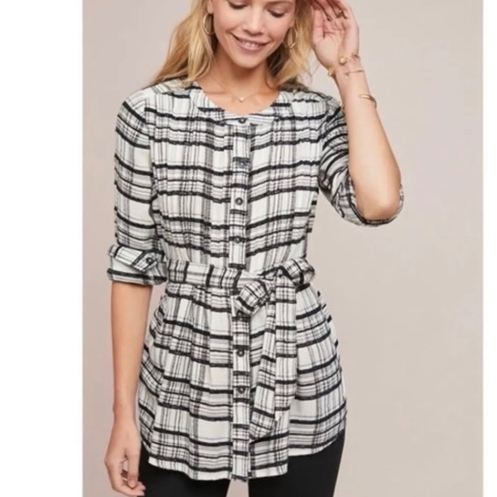 Anthropologie Women’s Black/White Plaid tie waist top Size 6